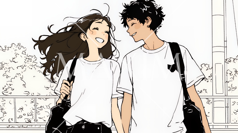 幸せそうなカップル：散歩中（シンプルな色使い）