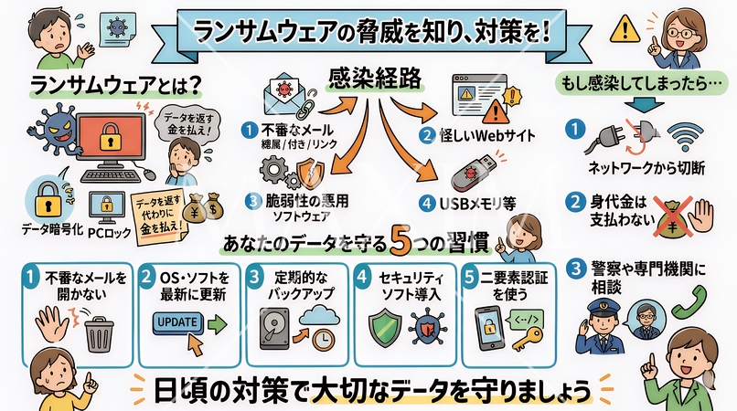 ランサムウェア対策をわかりやすく解説するグラレコ風イラスト｜サイバー攻撃・情報セキュリティ啓発イメー