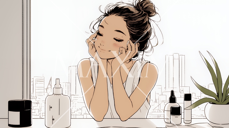 スキンケアを念入りに行う若い女性（シンプルな色使い）