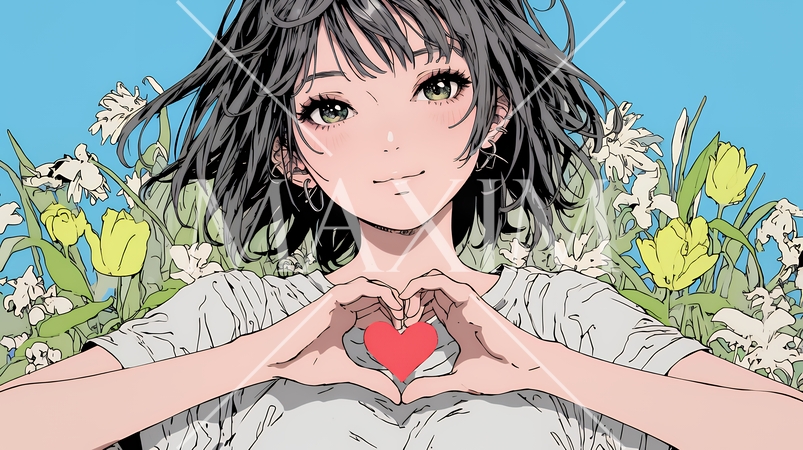 ハートマークを手で作り愛情表現をしている若い女性