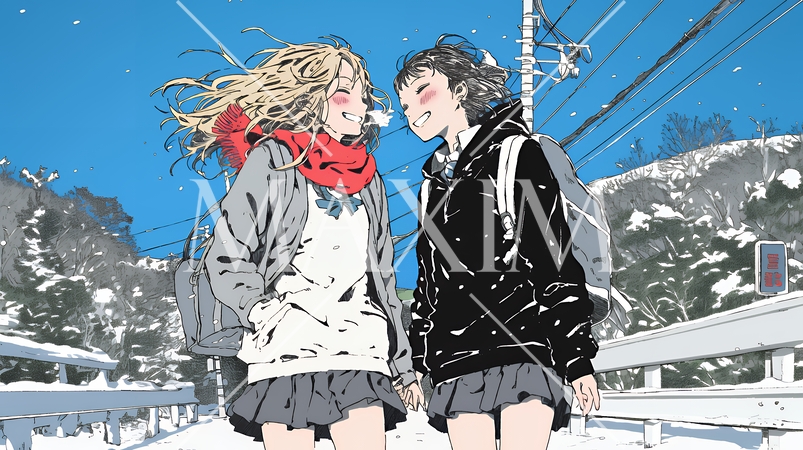 雪の日に友達と通学する女子高生