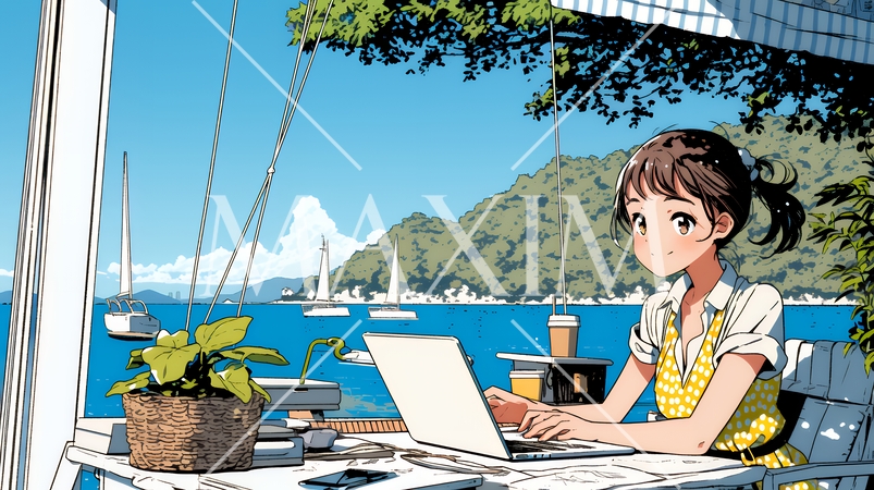 ワーケーション：休暇を楽しみながら仕事をしている女性