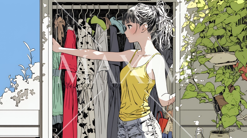 着ていく服をクローゼットから選ぶ若い女性