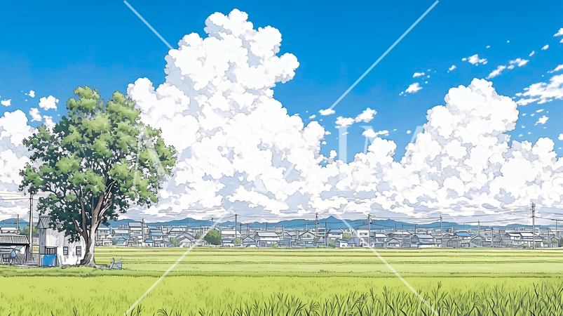 郊外の田園風景と夏空と入道雲