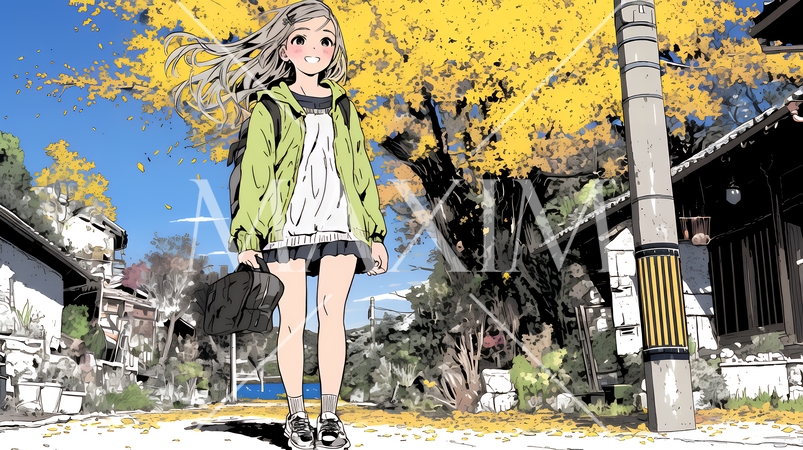 水辺の紅葉の小径を散策している若い女性