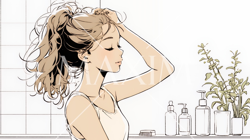 朝支度：洗面所で髪をまとめている若い女性（シンプルな色使い）