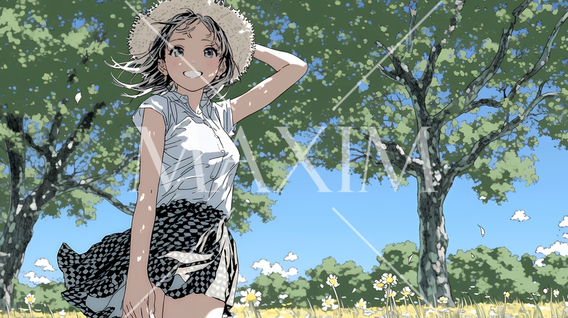 スカートを揺らしながら春風と戯れている若い女性