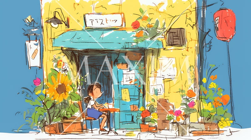 昭和の匂いがする昔ながらの飲み屋（クレヨンと水彩画風）