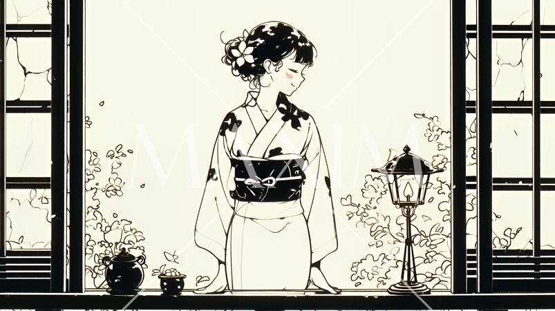 浴衣姿で夕涼みをしている若い女性（シンプルな色使い）