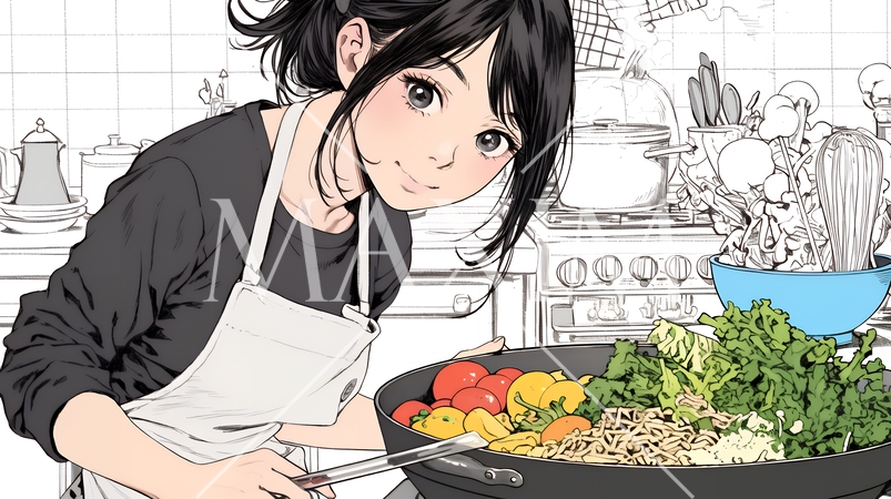 なれない料理に奮闘中の若い女性