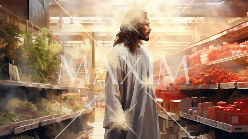 お客様は神様です：イエスキリストが買い物に地味な日本のスーパーマーケットに降臨