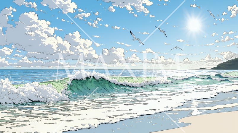 夏の海と空と白い浜辺