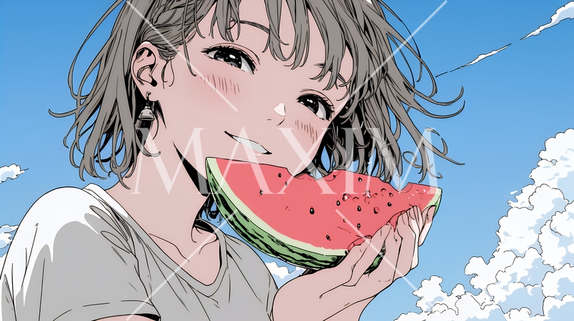 スイカを食べている若い女性