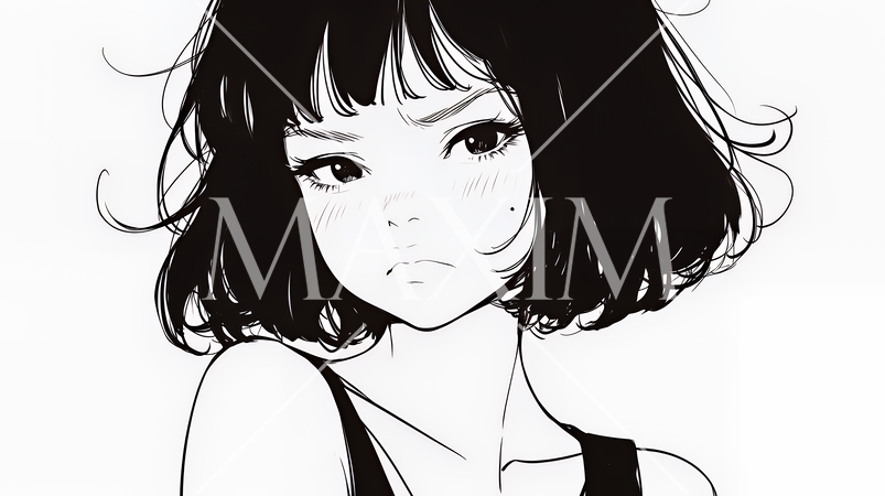 嫉妬の表情を浮かべる若い女性（シンプルな色使い）