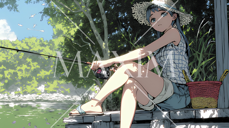 岸から魚釣りを楽しむ若い女性｜渓流・自然・アウトドア・ライフスタイル