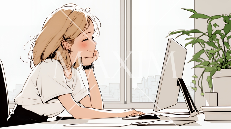 職場のデスクでパソコンに向かって仕事をしているビジネスウーマン（シンプルな色使い）