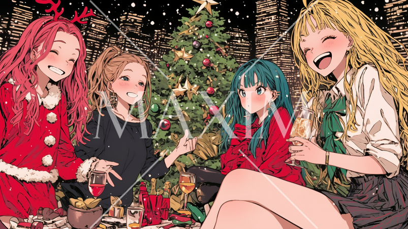 クリスマス女子会：クリスマスツリーを前で飲んで食べて大はしゃぎ