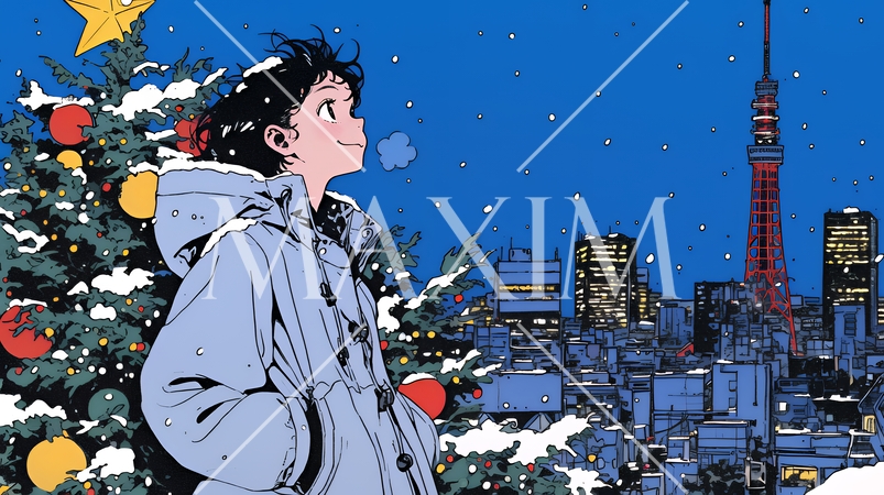 クリスマスイルミネーションが美しい街を散策する若い女性