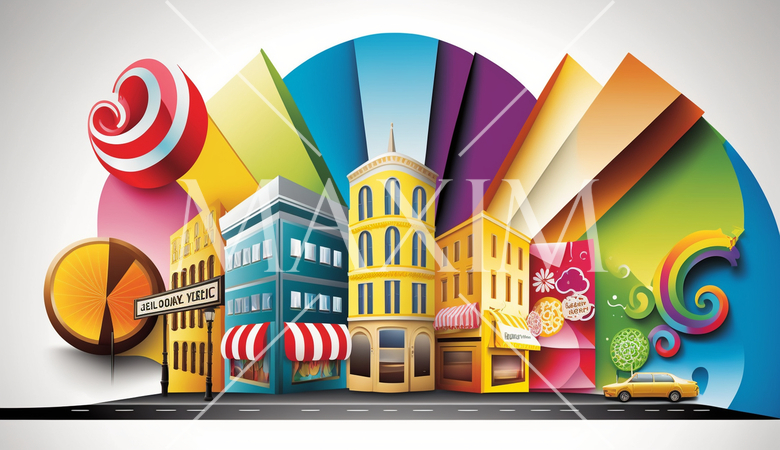 幸せな街並みのポップな切り絵風表現