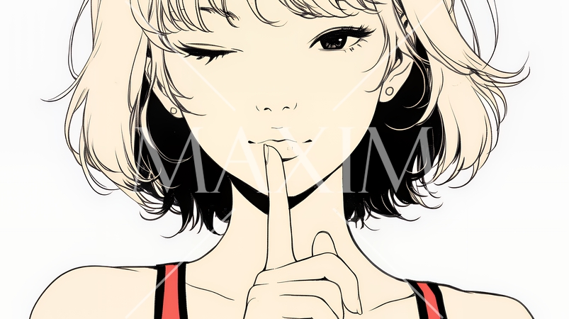 指を唇に当てて「シーShh」というジェスチャーをしている女性（シンプルな色使い）