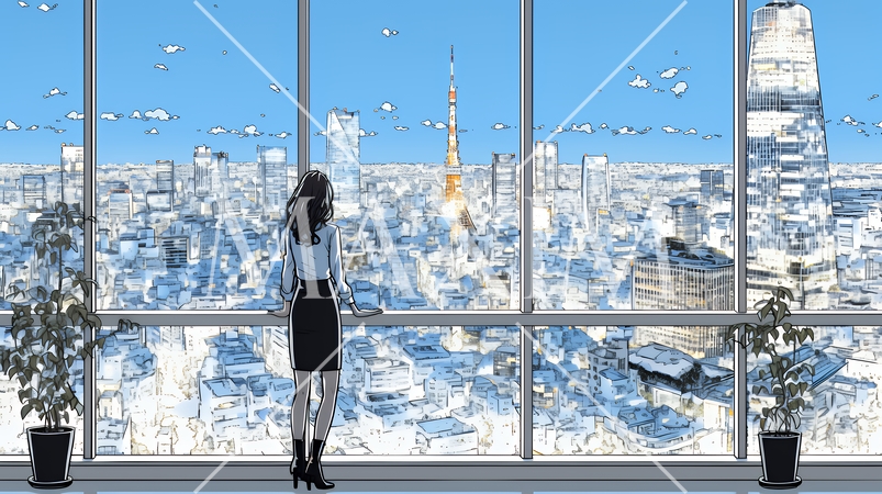 高層ビル群を見下ろすキャリア女性