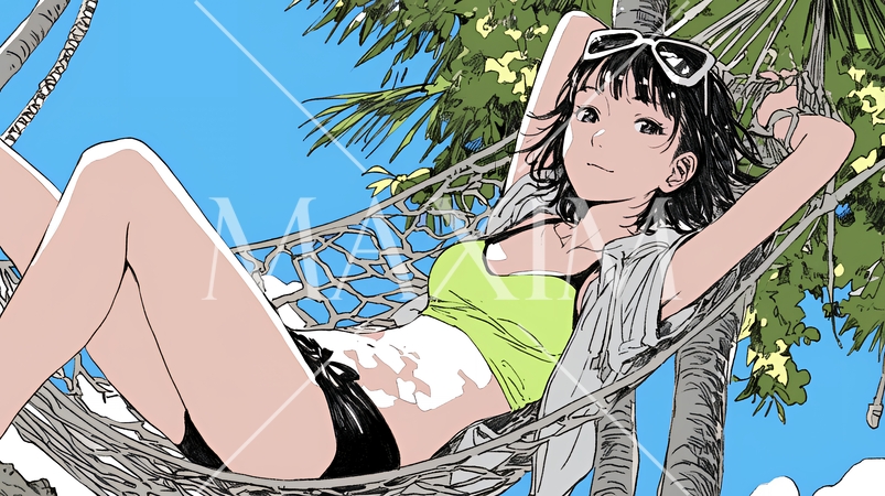 沖縄の青空の下、下着姿でハンモックで休んでいる若い女性