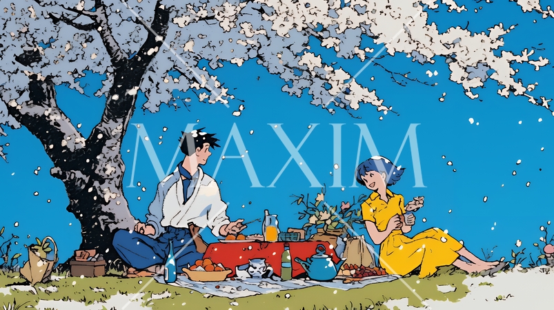 満開の桜の下で仲間たちと花見宴会