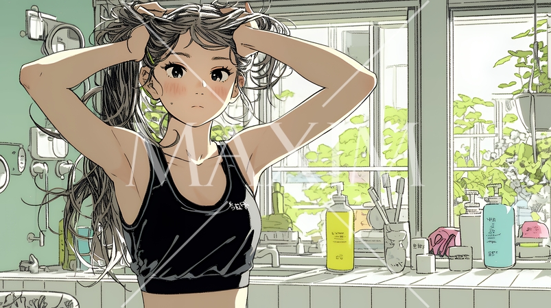 朝支度：洗面所で髪をまとめている若い女性