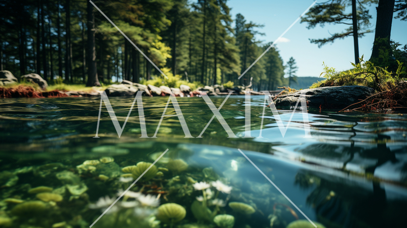 夏の森の湖の湖面から見た風景。水面には木々と空が映っている。水面の下には水草や岩についたコケも見える
