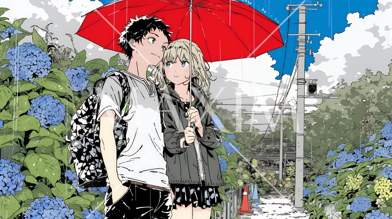 満開のアジサイと若い男女のカップル