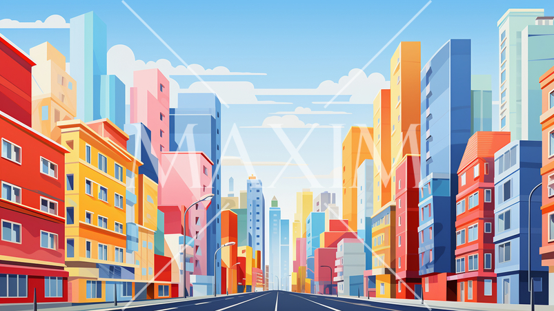 オフィスビル街のカラフルなポップアートなイメージ