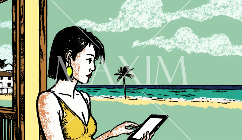 海辺のリゾートに来ているのに仕事のデジタルデバイスを手放せない女性