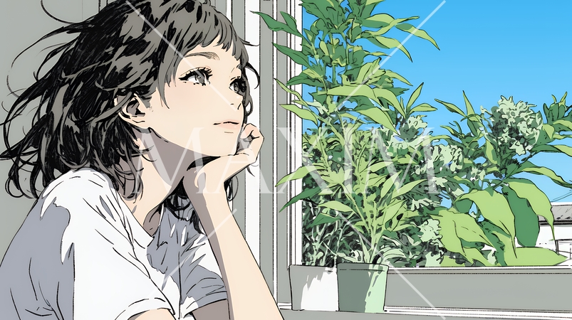 朝、カーテンを開けて天気を確認する若い女性