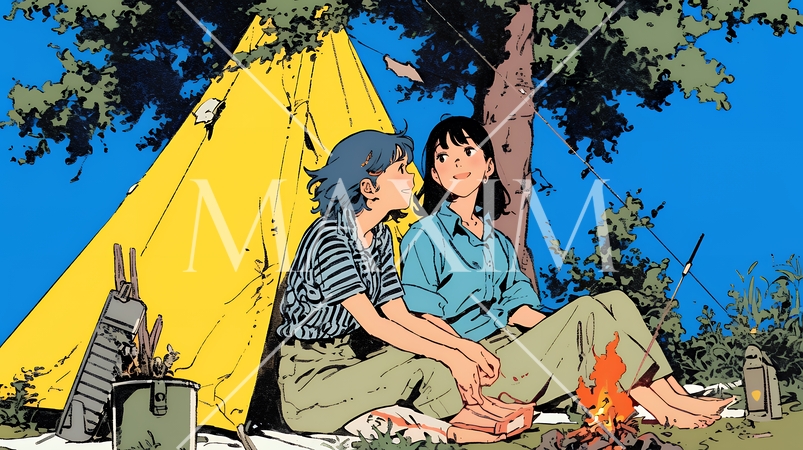 女友達と一緒にテントキャンプを楽しむ若い女性