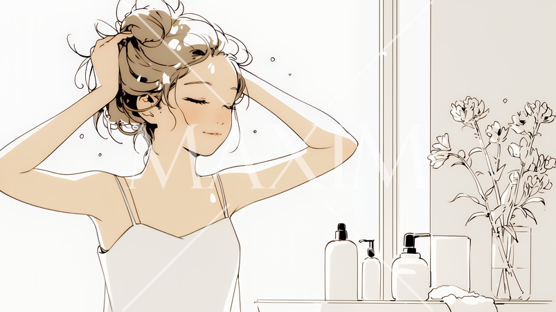朝支度：洗面所で髪をまとめている若い女性（シンプルな色使い）