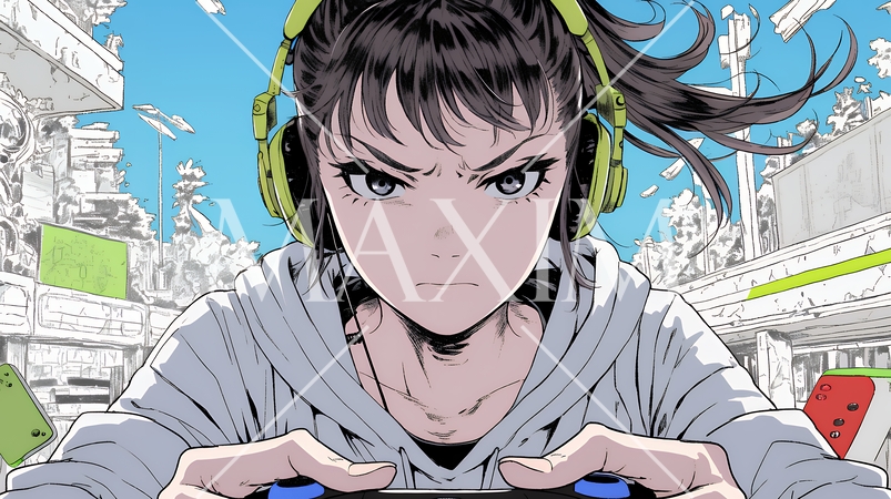 対戦型テレビゲームに没頭している若い女性