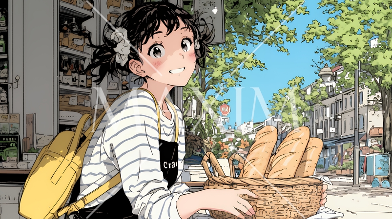 近所のパン屋で焼きたてパンを買う若い女性