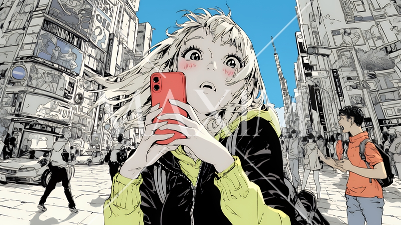 スマホの画面を見て驚いている若い女性