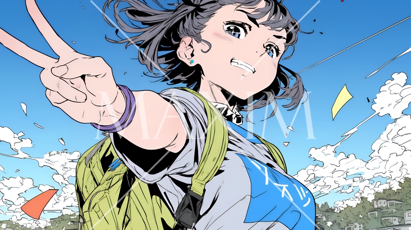 ピースサインをしている若い女性