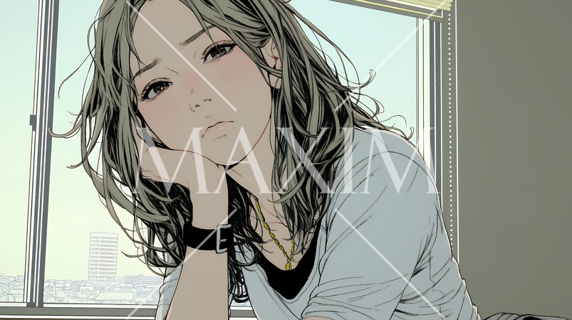 眉をひそめている女性：少し首を傾げて机に座っている