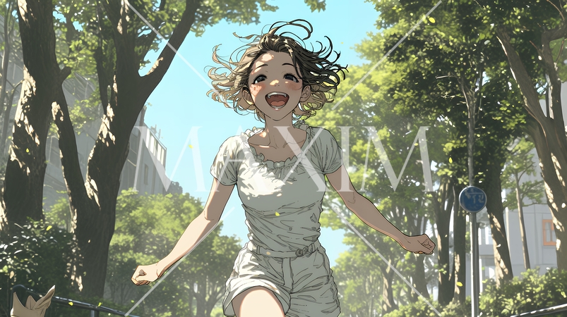 喜びにあふれ、軽やかにスキップする若い女性