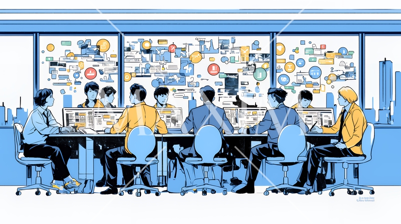 ITビジネスとクラウド技術のコンセプト｜ノートPCで働くチームとデータネットワークのイメージ