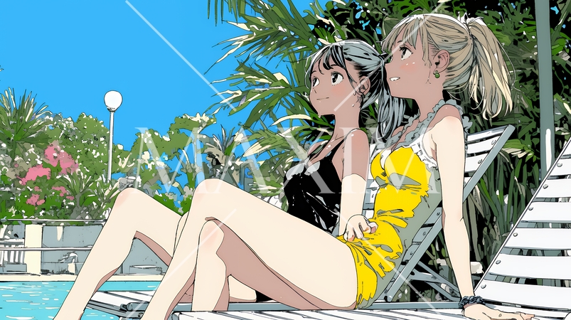 プールサイドのデッキチェアで談笑する女友達たち｜夏のリゾートで過ごすリラックスしたライフスタイルイメ