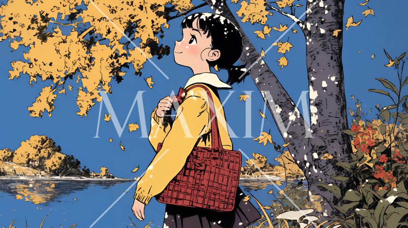 水辺の紅葉の小径を散策している若い女性