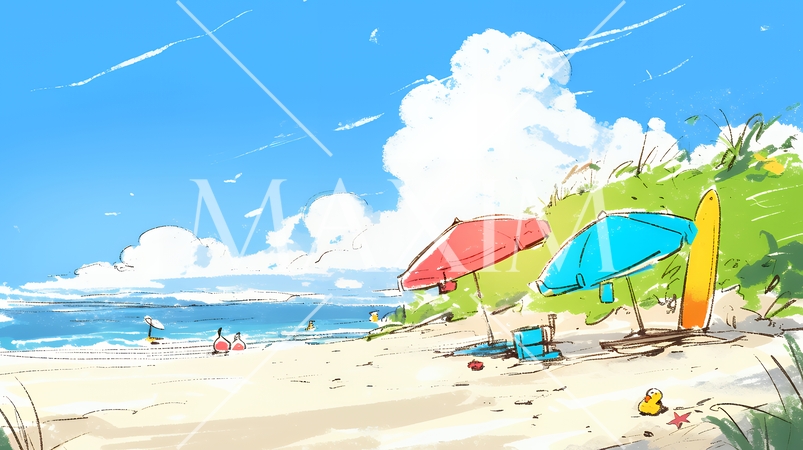 夏の青い空、青い海、白い雲と砂浜のコントラスト（クレヨン＋水彩画風）