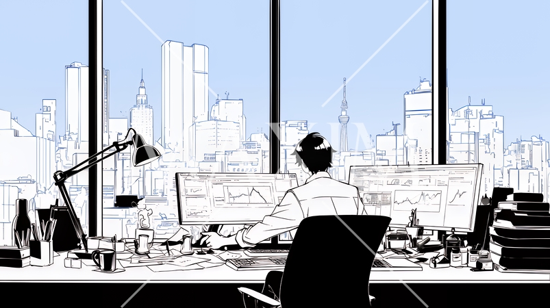 マーケティング・トレーディングデータなどの計量分析を行っている男性（シンプルな色使い）