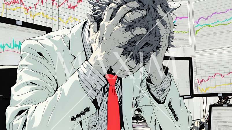 金融市場の急激な変イラスト、151a-azp、ビジネス、金融市場、男性、ビジネ動で頭を抱えている男性