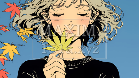 落ち葉をつまんで眺める若い女性｜秋を感じる女性のイラスト（イラストID:6773134-20489）