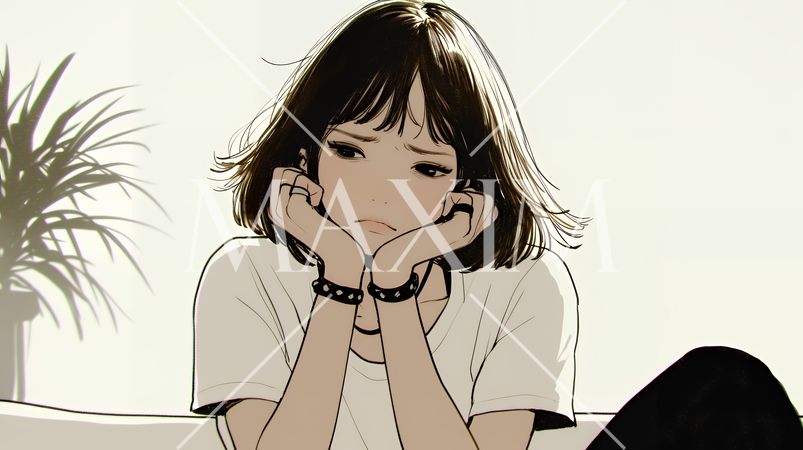 腹痛（生理痛）に苦しむ若い女性（シンプルな色使い）