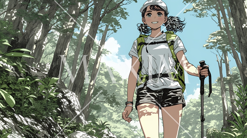 初夏の森でトレッキングを楽しむ若い女性｜新緑とアウトドアの爽やかなライフスタイル